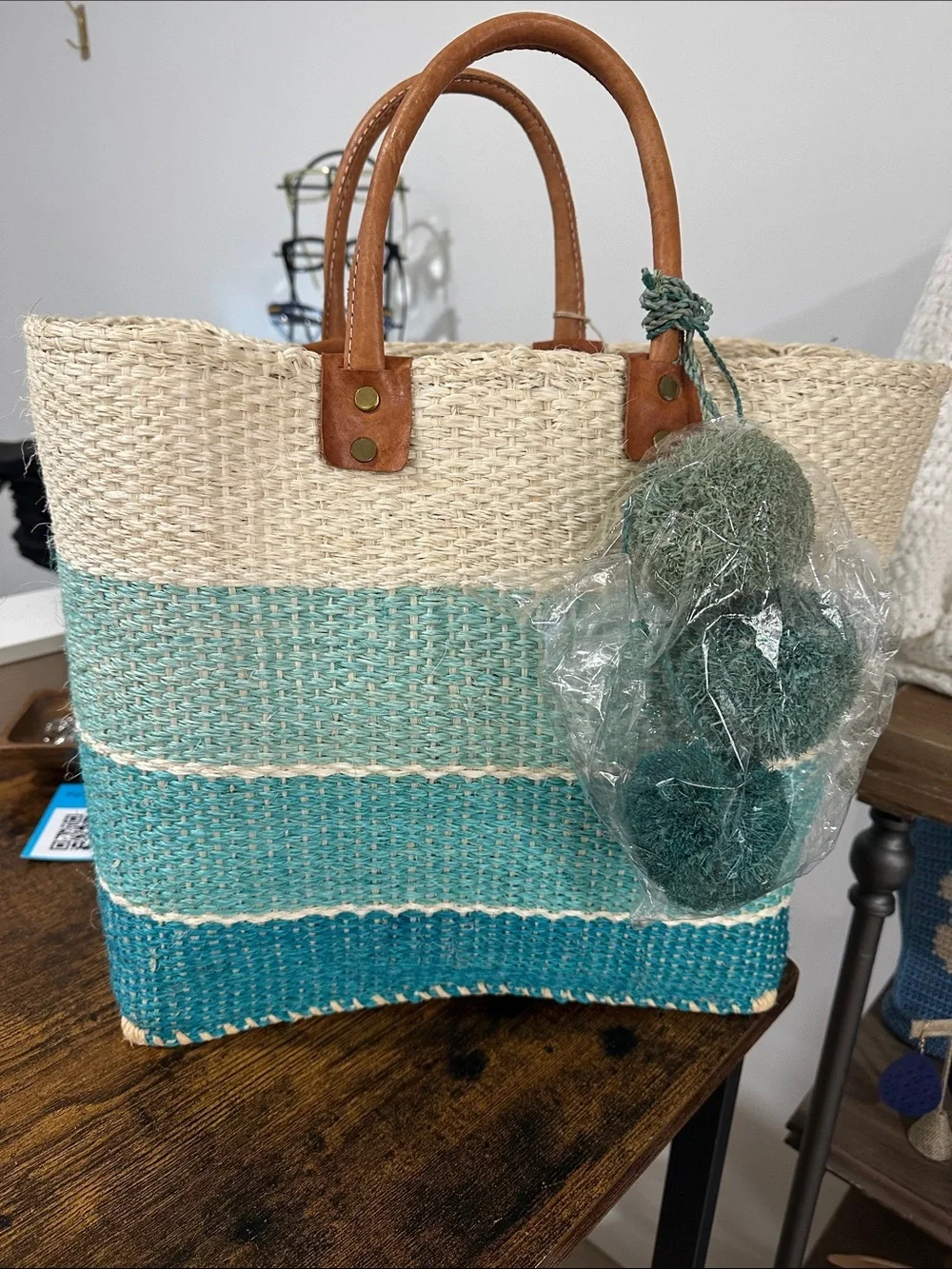 Mar Y Sol Woven Straw Tote Bag with Leather Handles & Pom Pom Charm